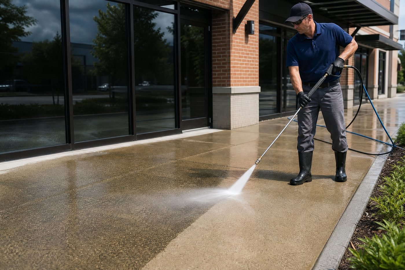 Commercial technician pressure washing brick storefront sidewalk