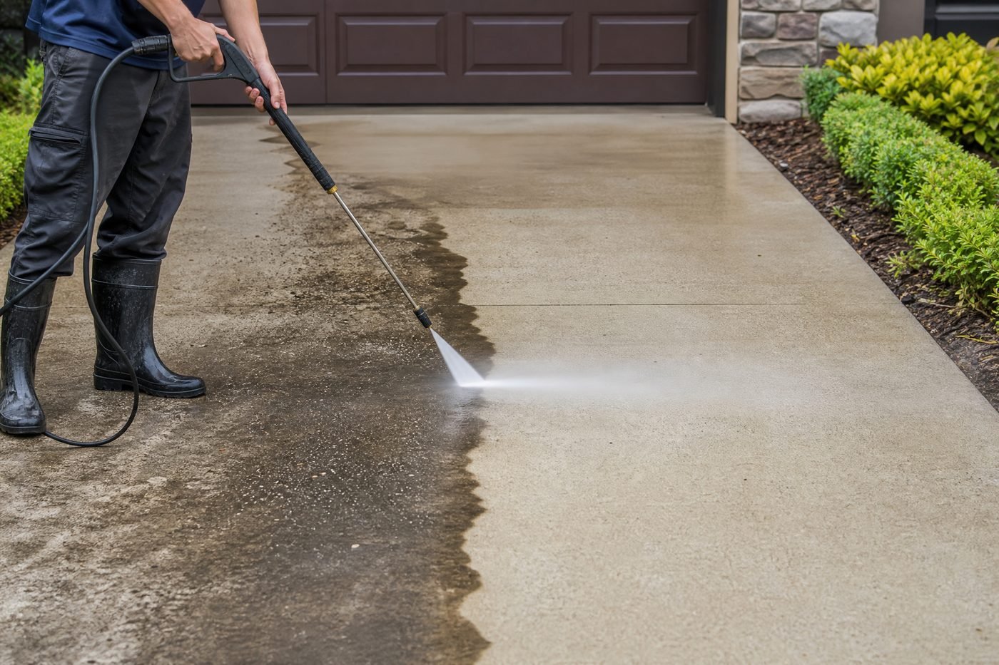 Close-up before and after driveway pressure washing showing dramatic difference