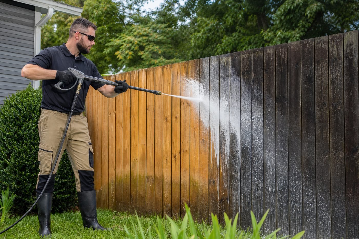 Peak Wash Pros technician pressure washing wood fence panel