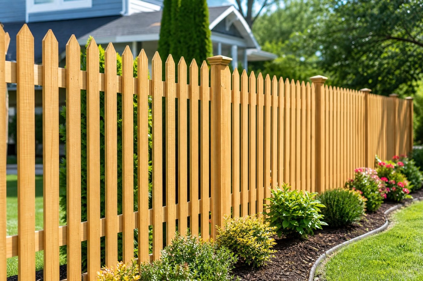 Beautiful clean picket fence in residential yard after cleaning