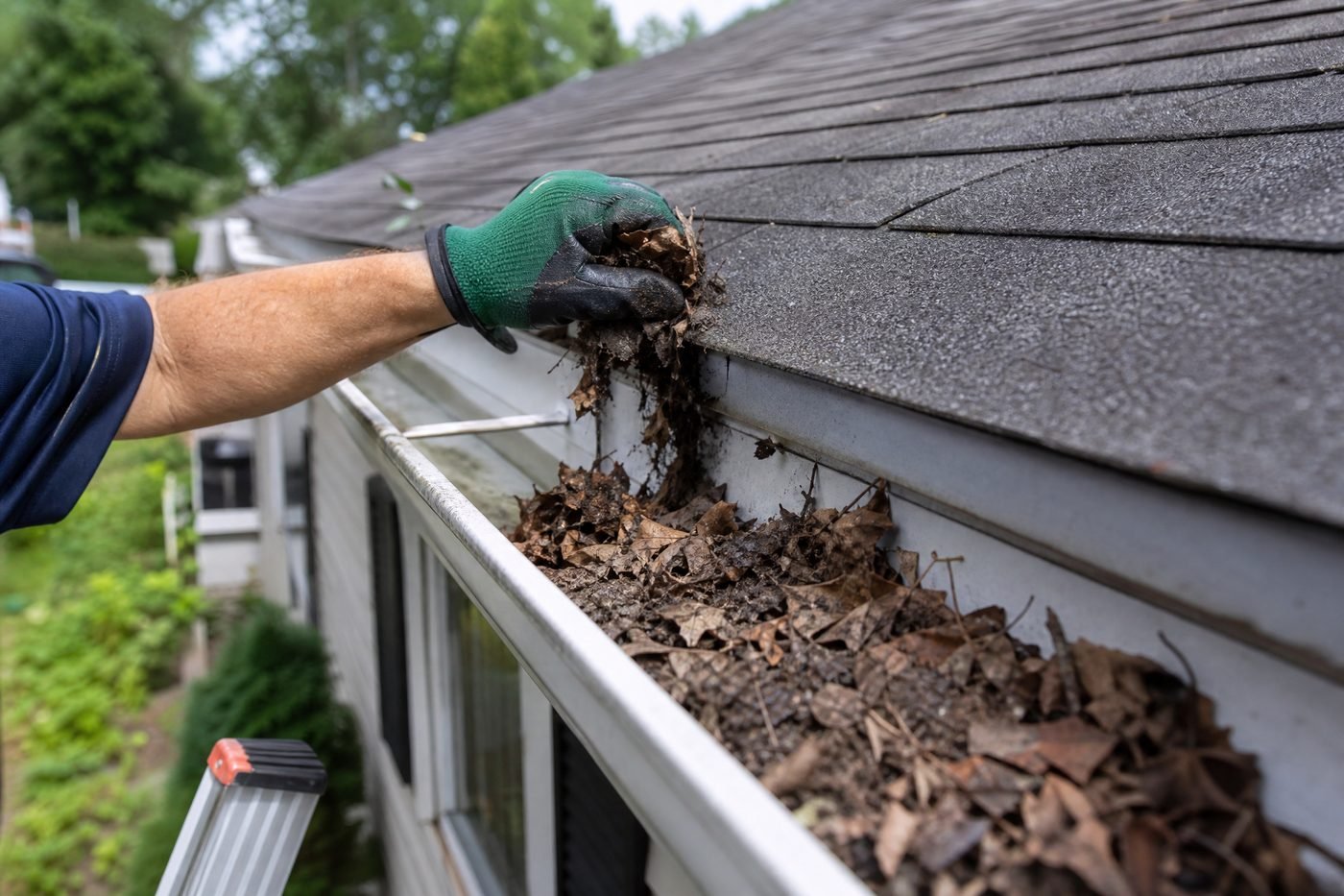 Close-up showing years of leaves being removed from gutter