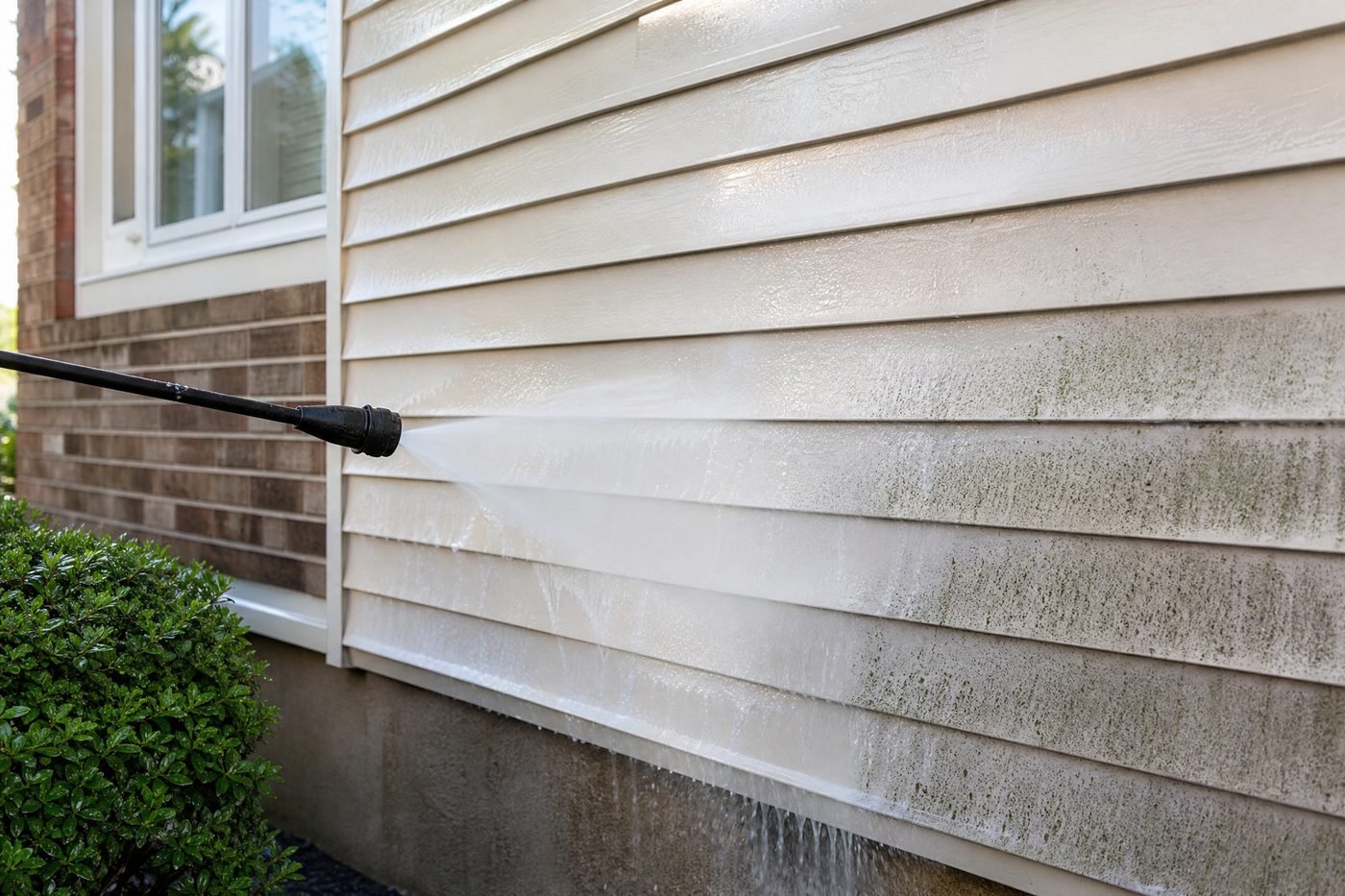 Before and after house washing showing algae removal from siding
