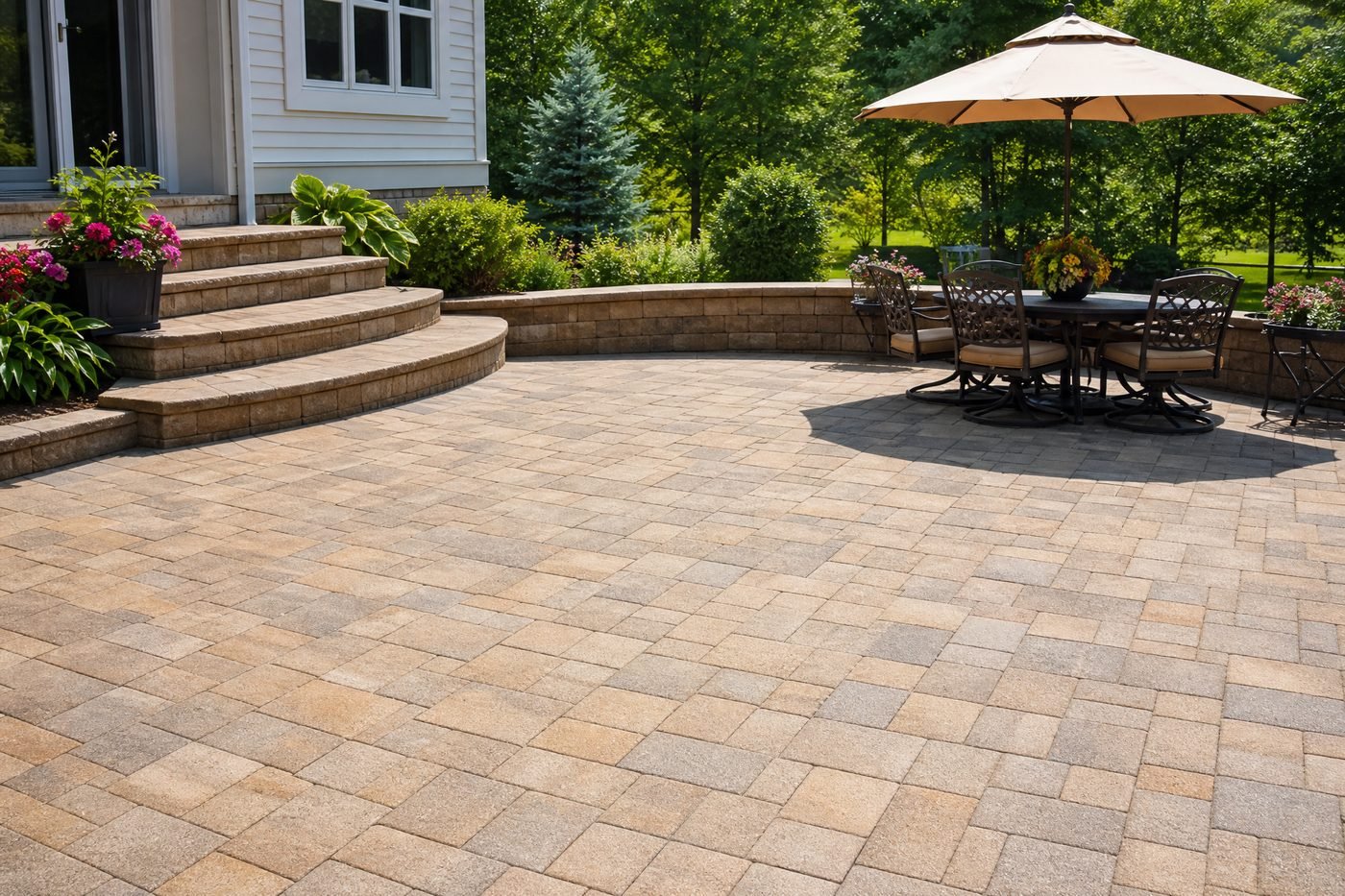 Beautiful clean paver patio with outdoor furniture