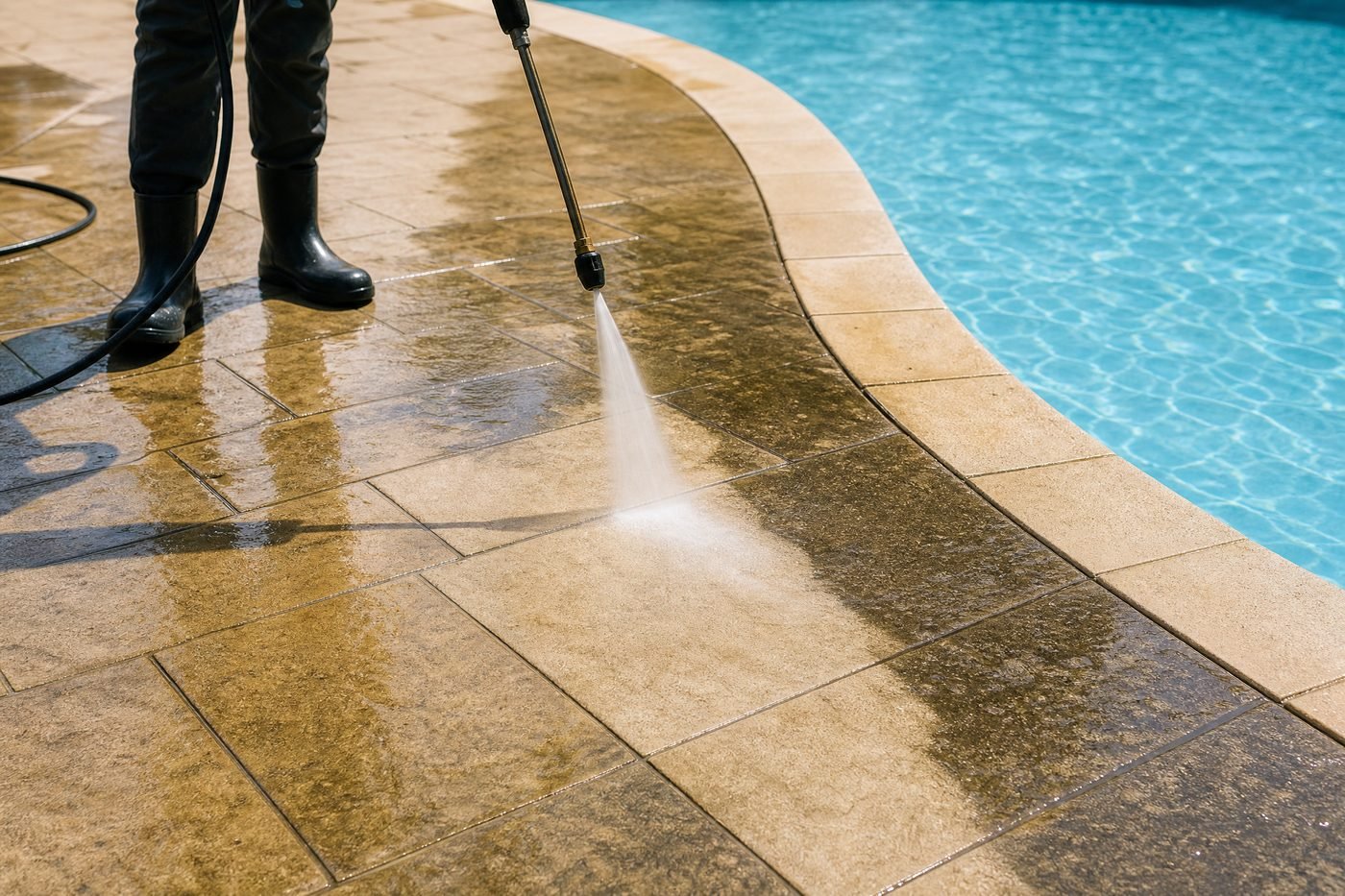 Before and after pool deck cleaning showing travertine restoration