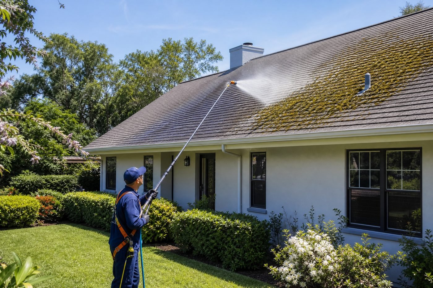 Roof soft washing removing green moss and staining
