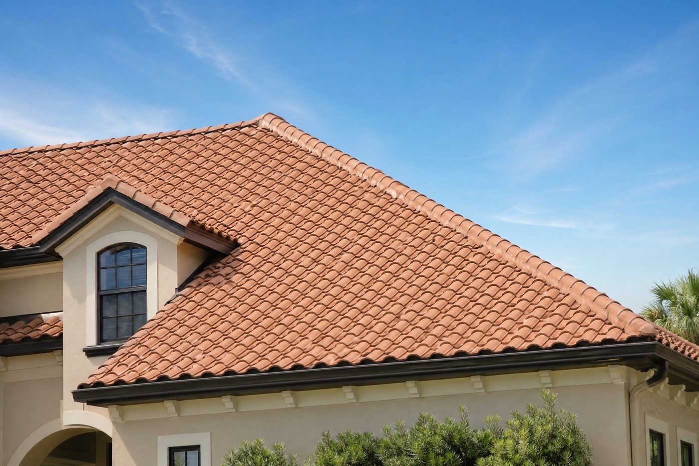 Clean Spanish tile roof after professional soft washing