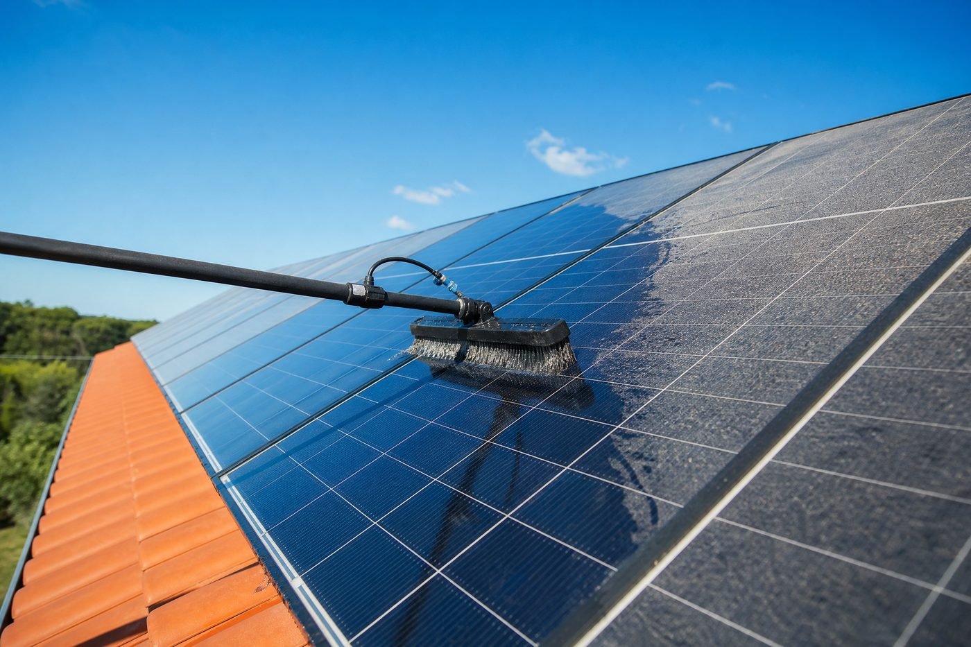 Close-up of solar panel cleaning showing before-after contrast